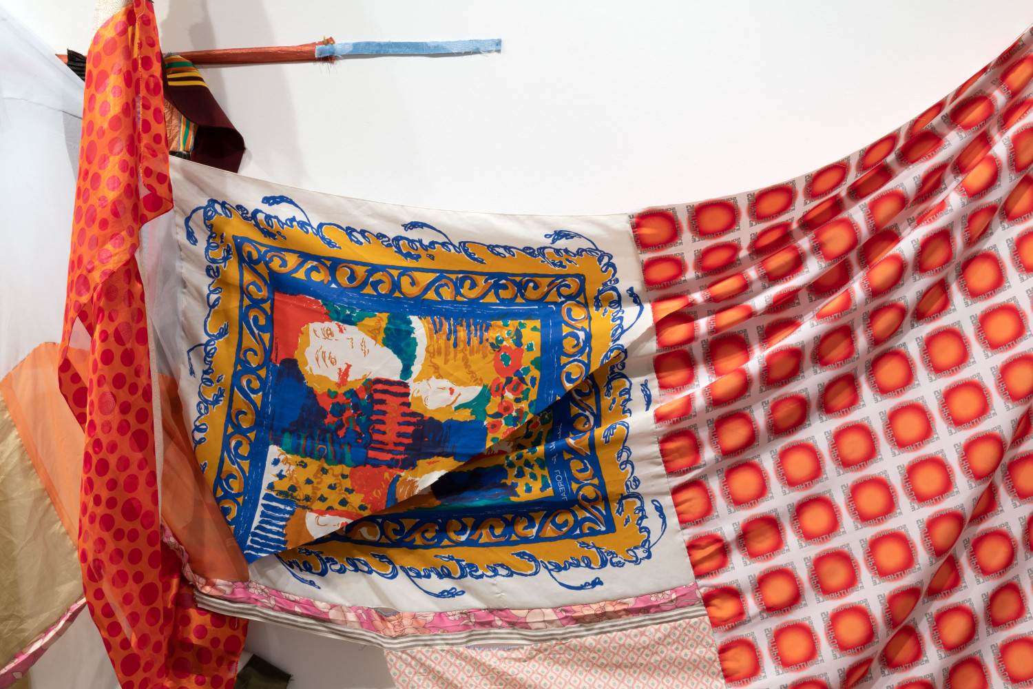 Eric N. Mack Face of Spring Summer (FOSS), (detail), 2021 cotton, satin, silk, acetate, polyester, acrylic, orange peels, corks, plastic and bone buttons 82 x 218 x 25 in. (208.3 x 553.7 x 63.5 cm) Photo: Oriol Tarridas