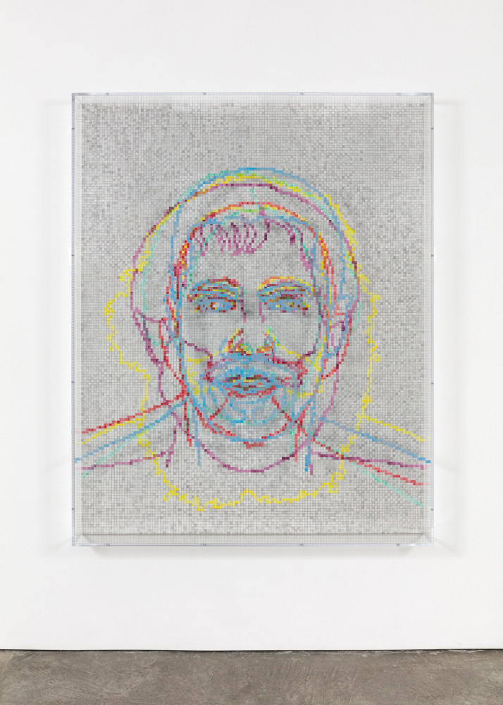 Charles Gaines Faces 1: Identity Politics, #5, Malcolm X, 2018 acrylic sheet, acrylic paint, lacquer, wood 74 x 59 1/8 x 5 3/4 in. (188 x 150.2 x 14.6 cm)