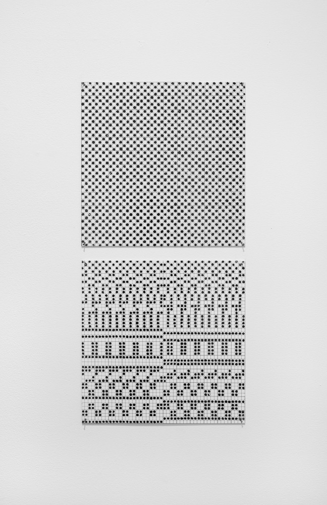Jennifer Bartlett Vertical Black and White Dots, 1973 enamel over silkscreen grid on baked enamel, 2 steel plates overall: 25 x 12 in. (63.5 x 30.5 cm) each: 12 x 12 in. (30.5 x 30.5 cm)