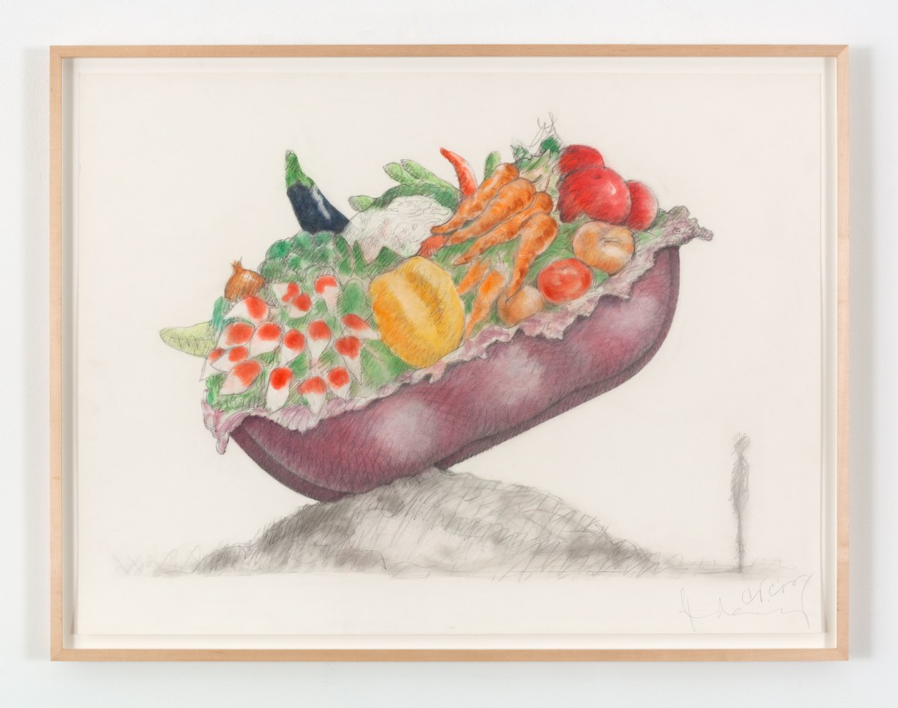Claes Oldenburg &amp; Coosje van Bruggen Color Study of Vegetable Ark, with Figure for Scale, 1999 graphite and pastel on paper ​30 3/16 x 39 13/16 in. (76.7 x 101.1); frame: 32 3/4 x 42 3/4 x 1 1/2 in. (83.2 x 108.6 x 3.8 cm.