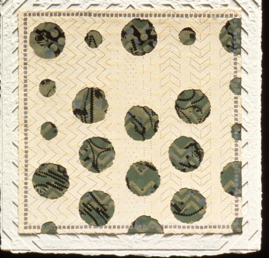 Alan Shields &quot;Pharalope&quot; 1992 Woodcut, relief, lithograph, collage in 6 colors on layered handmade paper 26&quot; x 26&quot;