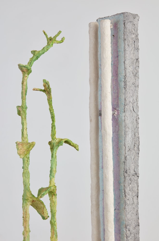 Evan Holloway Vertical Fluorescent, (detail), 2017 steel, cardboard, CelluClay, Cel-vinyl and acrylic lamp: 78 x 18 x 12 in. (198.1 x 45.7 x 30.5 cm) plant: 74 1/2 x 12 x 12 in. (189.2 x 30.5 x 30.5 cm)