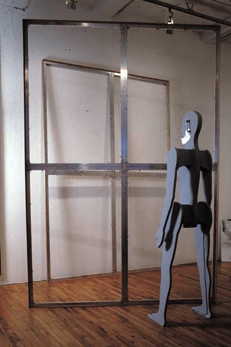 Jonathan Borofsky &quot;Chattering Man with 2 Stretcher Frames at 2,845,313&quot; 1983 Aluminum, wood stretchers 128 x 88 1/2 in Man: Aluminum, bondo, electric motor, speaker 80 x 23 x 13 in