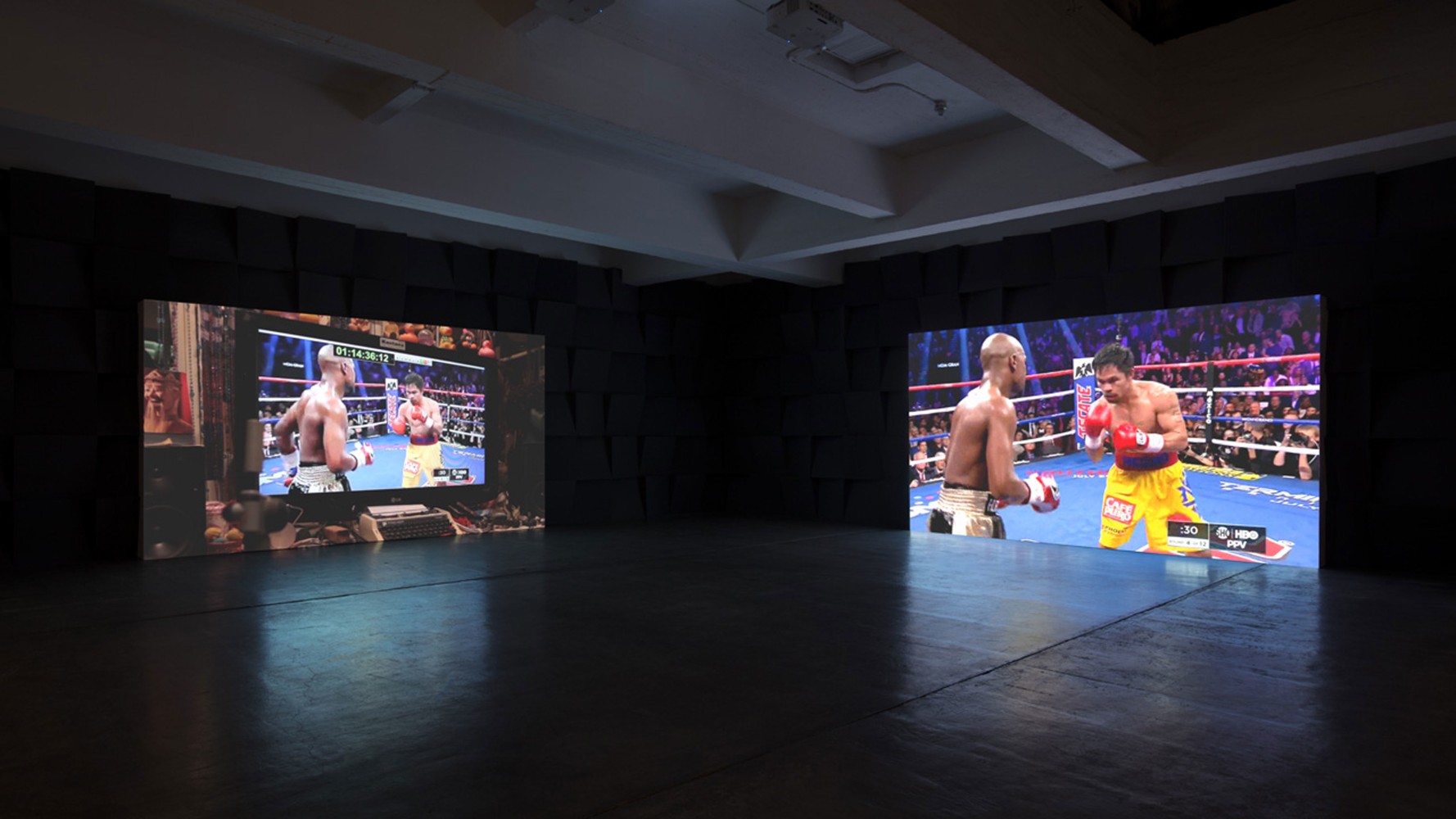 Paul Pfeiffer Three Figures In A Room, 2015-16 two synced video channels on two projectors, four synced audio channels, Mac Minis dimensions variable 48 minutes, looped Edition of 3, 1 AP