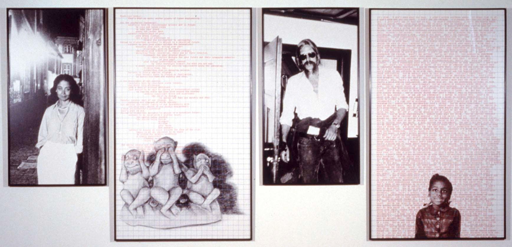 Adrien Piper &quot;Decide Who You Are #27: Test Tube Babies&quot; 1992 Panel 1: photograph enlarged to 54 3/4 11 x 30 11 Panel 2: pencil drawing on graph paper enlarged to 72&quot; x 42 11 with overprinted red text Panel 3: Photograph enlarged to 54 3/4 11 x 30 11  Panel 4: photomontage on graph paper enlarged to 72 11 X 42 11