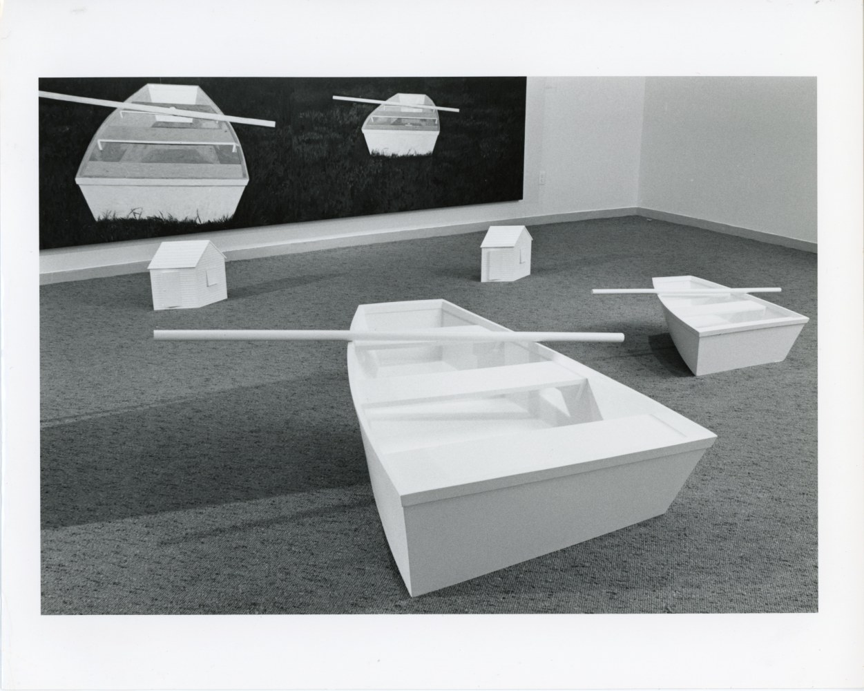 Jennifer Bartlett &quot;Small Boats Houses&quot; 1987 Sculpture: painted wood, steel supports Painting: oil on canvas Painting: 9'10&quot; x 14&quot; Large Boat: 21&quot; x 67 3/4&quot; x 44 3/4&quot; Large House: 15 1/2&quot; x 19 1/2&quot; x 8 1/2&quot; Small Boat: 12&quot; x 44 1/2&quot; x 27 1/2&quot; Small House: 14&quot; x 18 1/2&quot; x 8 1/2&quot;