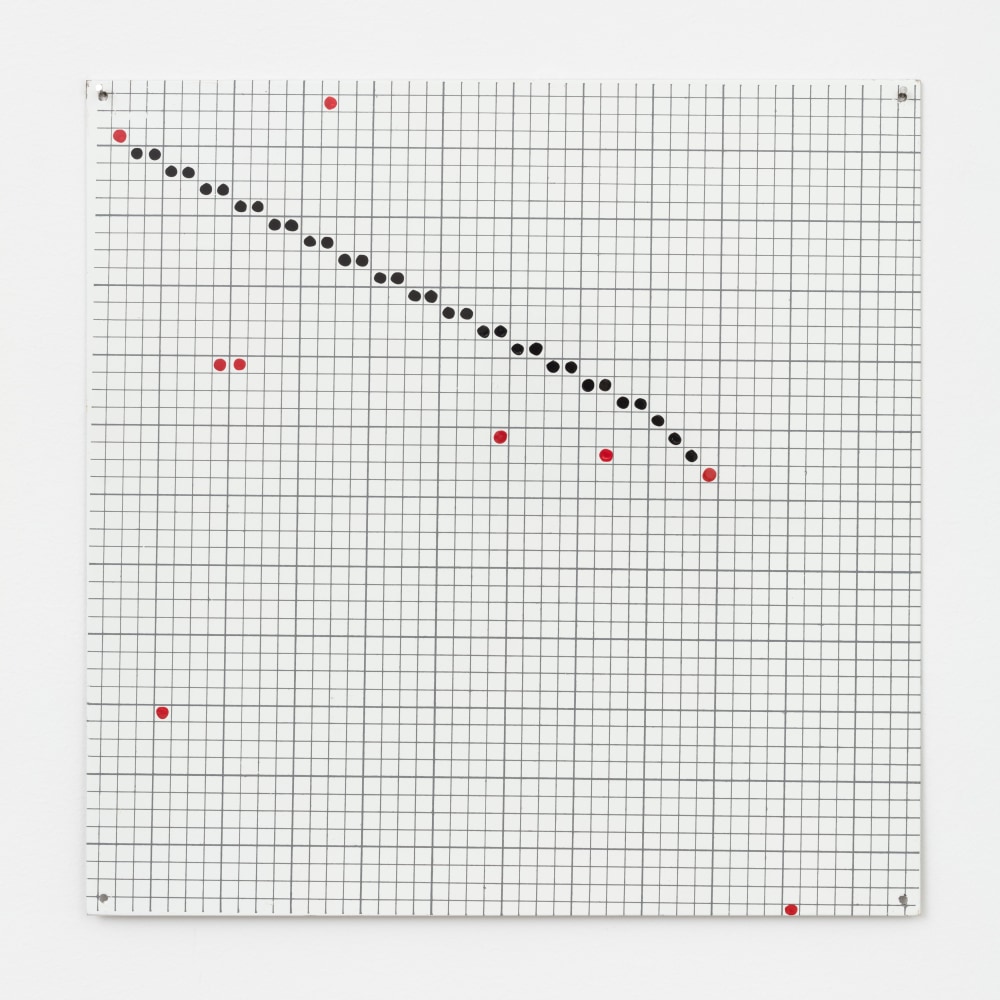 Jennifer Bartlett One Line (Connecting any Two of Nine Points), (detail), 1972 enamel, silkscreen, baked enamel on steel (9 units) each panel: 12 x 12 in. (30.5 x 30.5 cm), overall: 38 x 38 in. (96.5 x 96.5 cm)