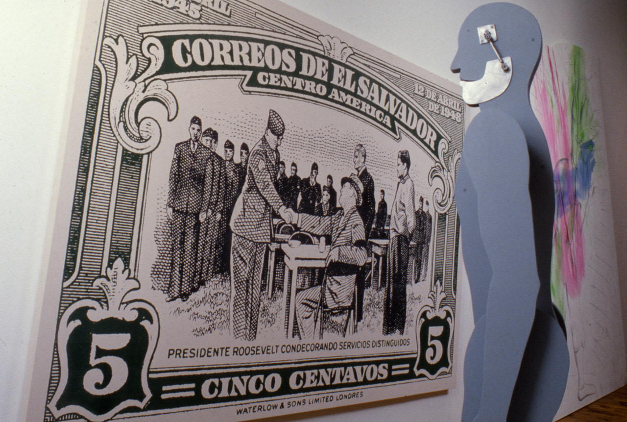 Jonathan Borofsky &quot;Green Tilted El Salvador Painting with Chattering Man at 2,845,317&quot; 1982-83 Silkscreen on raw duck canvas 76&quot; x 109&quot; Man: Aluminum, wood, primer, Bondo, electric motor, speaker 82 1/2&quot; x 23&quot; x 13&quot;