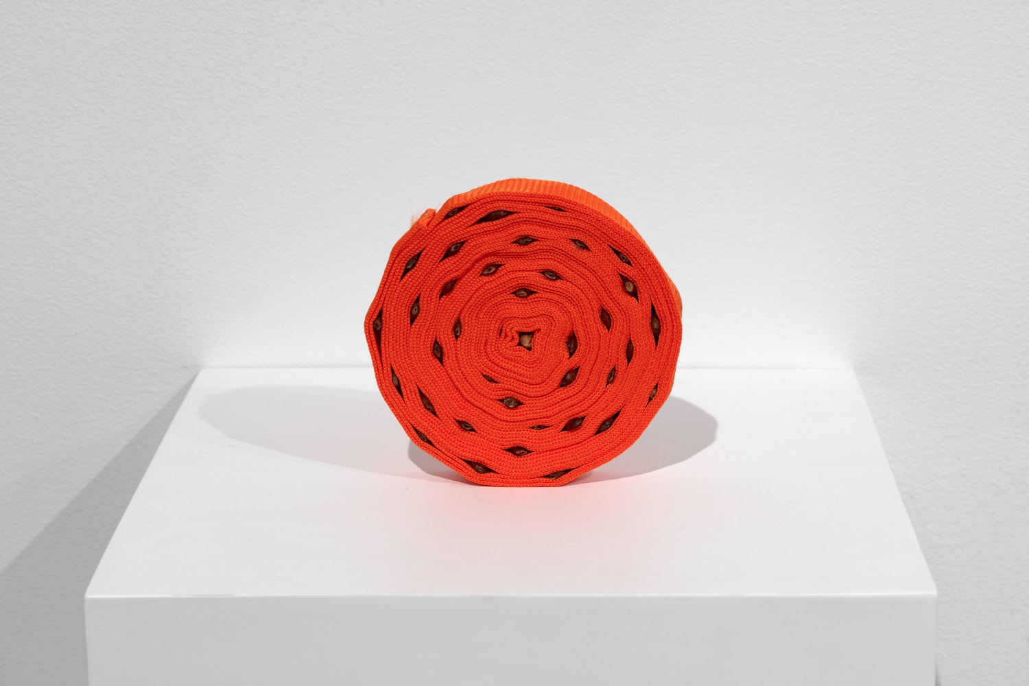 Veronica Ryan, Untitled, 2020, coiled fabric strap, nut, metal pin, 8 1/2 x 8 1/2 x 1 1/8 in. (21.6 x 21.6 x 2.9 cm)