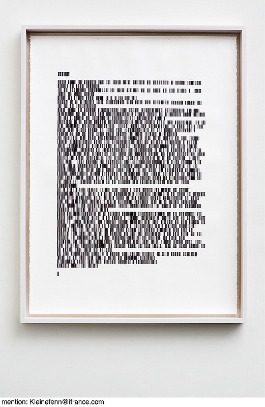 Sophie Calle "Prenez soin de vous. Traduction: code barre Take Care of Yourself. The Email as a Bar Code" 2007 Silkscreen print on "Moulin du gue"  paper, wooden frame 56 3/4 x 75 in. (114.5 x 190.5 cm)