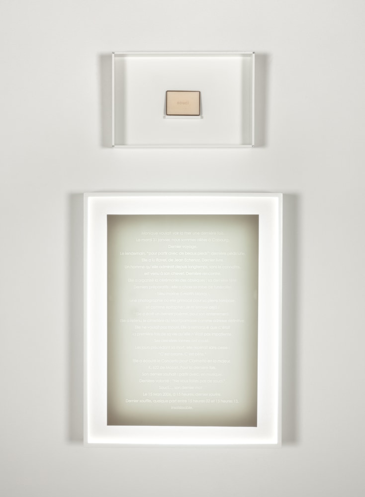 Sophie Calle Pas pu saisir la mort, 2007 2 elements: backlit engraved porcelain plaque in frame & hair on resin in white box frame plaque: 21 x 16 1/4 in. (53.3 x 41.3 cm) box frame: 11 3/4 x 7 7/8 in. (29.8 x 20 cm)