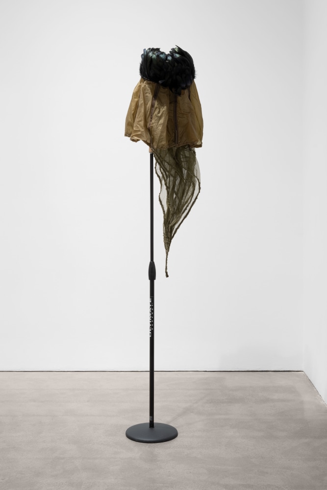 Terry Adkins, Adnachiel, 2012, microphone stand, wooden dowel, parachute and dyed feathers
