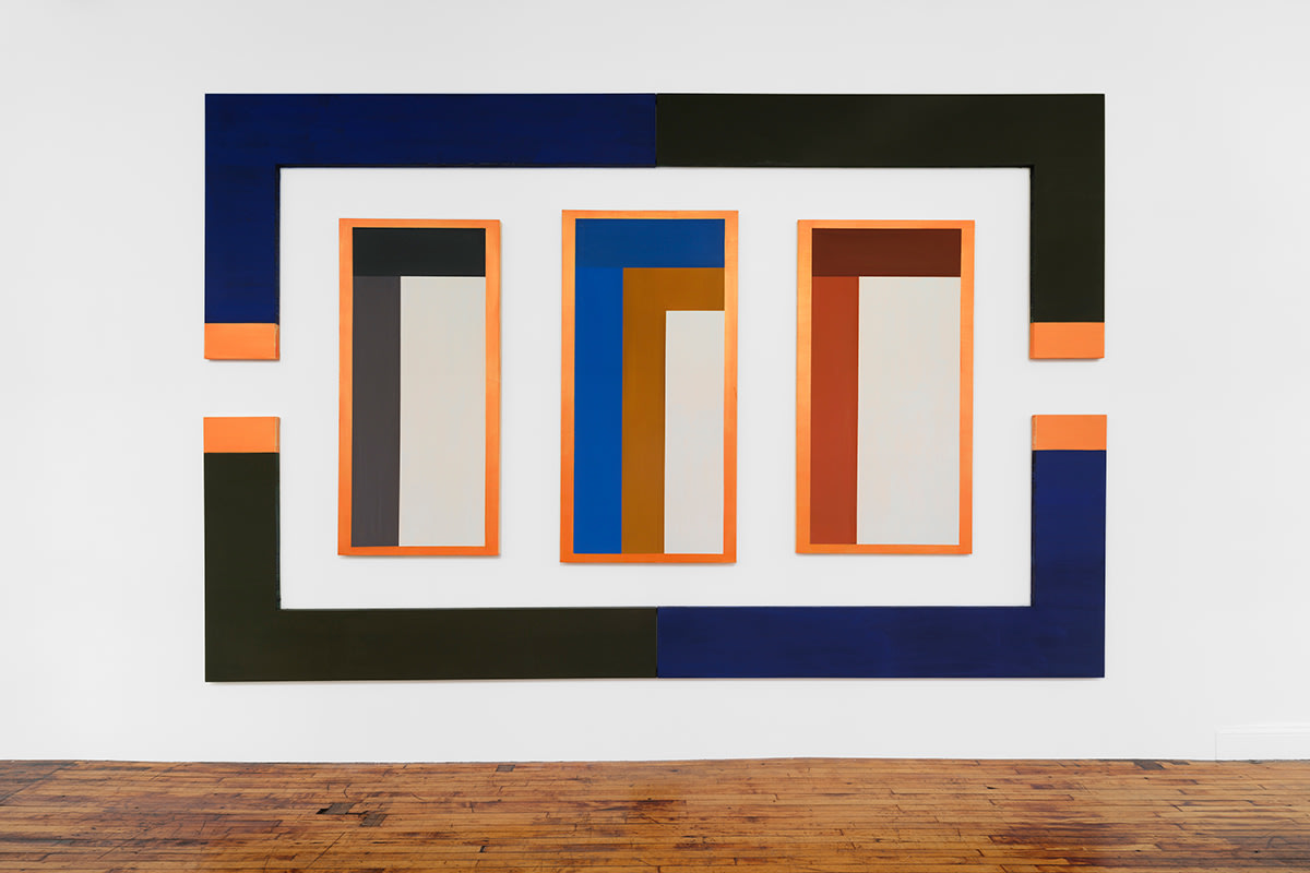 David Novros, Boathouse, 2016, oil and murano on canvas, 7 panels, overall dimensions approximately 11 × 20 feet.