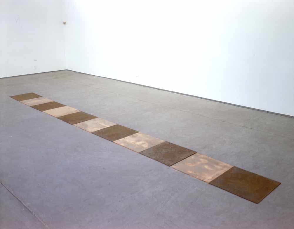 Carl Andre "Weathered Hendecaline" 2002 6 units weathered steel plates, 5 units copper plates 217 x 19 3/4 in.