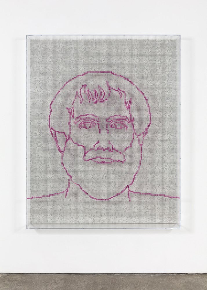 Charles Gaines Faces 1: Identity Politics, #1, Aristotle, 2018 acrylic sheet, acrylic paint, lacquer, wood 74 x 59 1/8 x 5 3/4 in. (188 x 150.2 x 14.6 cm)