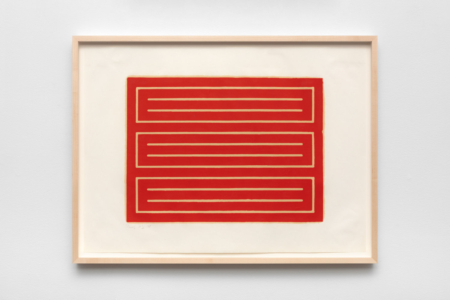 Donald Judd Untitled, 1962-1979 woodcut in cadmium red on offset paper paper: 21 15/16 x 29 1/4 in. (55.7 x 74.3 cm) image: 14 3/8 x 19 5/8 in. (36.5 x 49.8 cm) frame: 22 3/4 x 30 1/4 x 1 3/4 in. (57.8 x 76.8 x 4.4 cm) Edition of 25