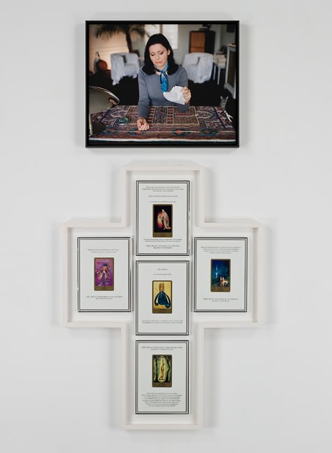 Sophie Calle
Take Care of Yourself. Clairvoyant, Maud Kristen, 2007
portrait: Fine Art print dry mounted on aluminum, wooden frame
text: tarot cards mounted on paper, mounted between glass, wooden frame, glass
portrait: 20 3/4 x 25 3/4 in. (52.7 x 65.4 cm)
text: 41 1/4 x 33 1/2 in. (104.8 x 85.1 cm)
overall: 65 1/8 x 33 1/2 in. (165.4 x 85.1 cm)
Edition 1 of 3, Exhibition Copy, 1 AP (English)