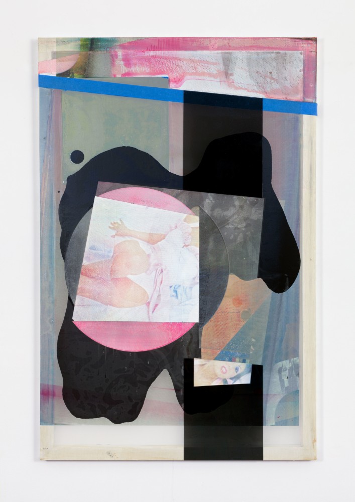 Kelly Walker Roxy Music Fucked, 2016 acrylic ink, blue tape, Beva, MDF panel, Plexiglas on silkscreen on aluminum frame 64 x 42 in. (162.6 x 106.7 cm)