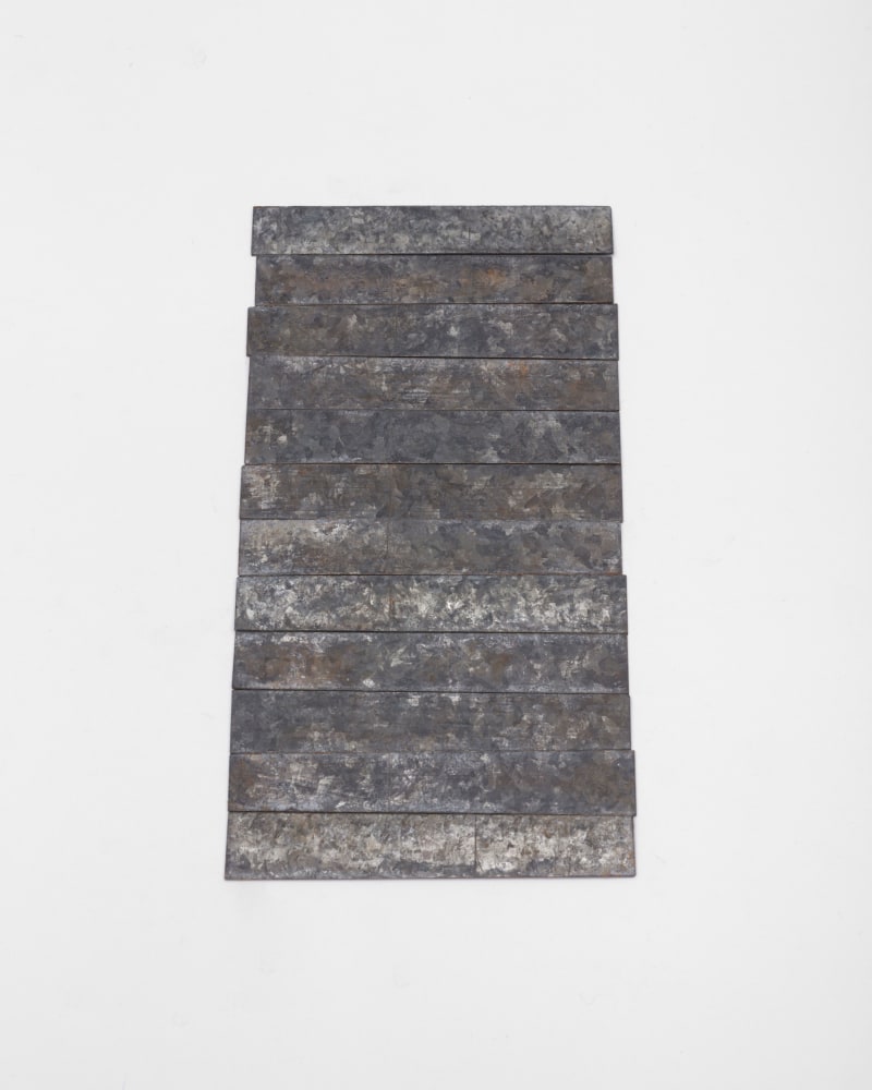 Carl Andre 12 Galvanized Steel Row, 2014 galvanized steel 12 elements, each approximately: 1/16 x 7/8 x 4 7/8 in. (.2 x 2.2 x 12.4 cm) overall: 1/16 x 9 5/16 x 4 7/8 in. (.2 x 23.7 x 12.4 cm)