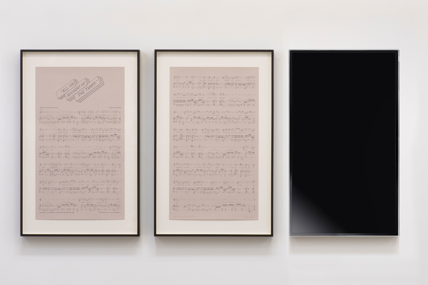 Charles Gaines Sound Text #1: All on Account of the Tariff, 2015 graphite on printed paper, single channel video, monitor 2 drawings each: 35 x 21 in. (88.9 x 53.3 cm) frame: each: 44 x 28 x 1 1/2 in. (111.8 x 71.1 x 3.8 cm) monitor: 44 x 27 1/2 x 3 in. (111.8 x 69.9 x 7.6 cm) overall: 44 x 92 in. (111.8 x 233.7 cm)