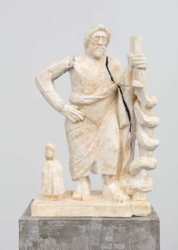 Untitled (Fear, Anxiety and Joy), (detail), 2016 Modified gypsum, spray paint, epoxy, concrete, ambulatory equipment figure: 35 x 23 x 12 in. (88.9 x 58.4 x 30.5 cm); base: 40 x 27 1/2 x 21 1/5 in. (101.6 x 69.9 x 53.8 cm); sculpture: 70 x 50 1/2 x 33 1/2 in. (177.8 x 128.3 x 85.1 cm)