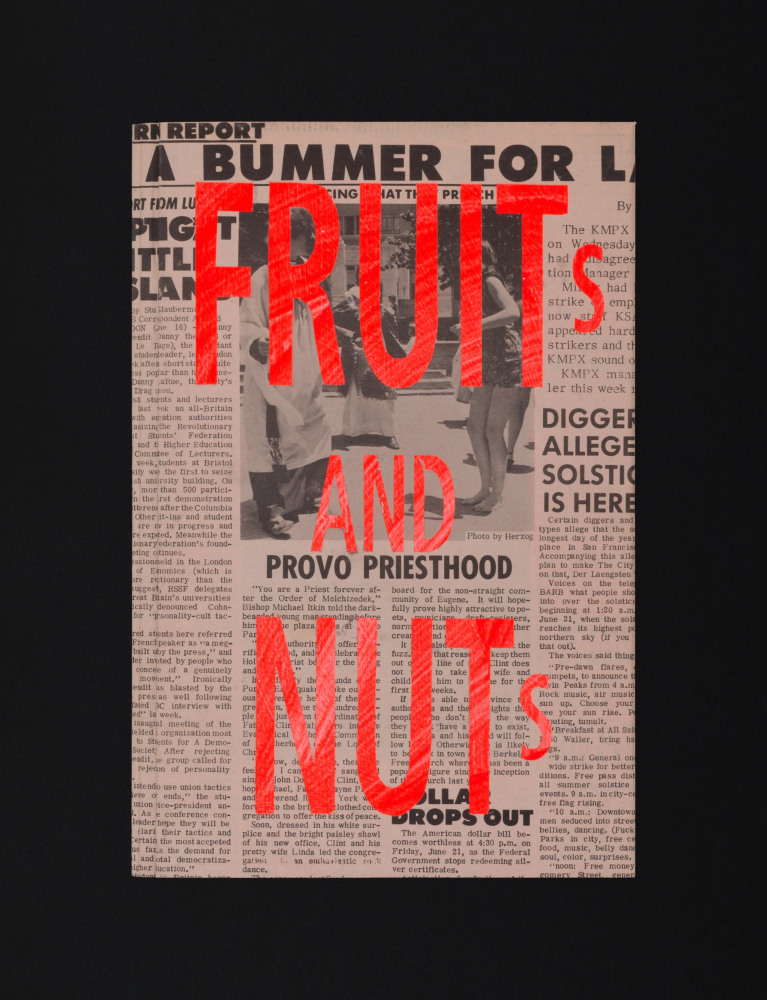 Laura Owens
Fruits & Nuts, 2011
Screen printing ink on California newspapers from the 1960s
11 x 7 x 3/4 in.
Published by Ooga Booga 
Edition 89/100 with 16 APs
© Laura Owens. Courtesy the Artist; Matthew Marks Gallery, New York
Photo: Alta 