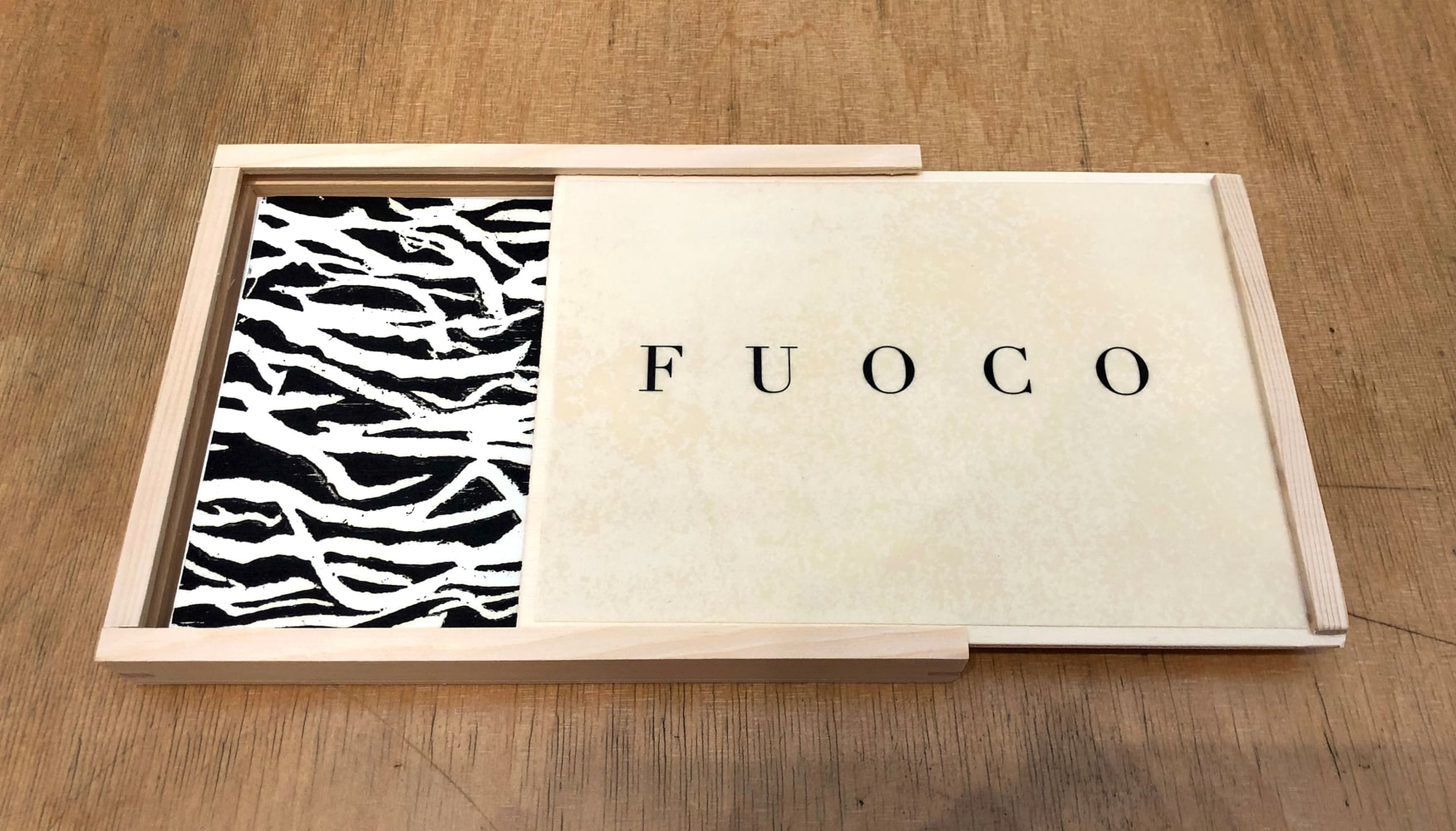 Beatrice Caracciolo Attraversare il Fuoco (Fuoco Wood Box), 2013 digital prints, woodcut, and printed pages in wooden box box: 9 x 10 5/8 x 1 in. (22.9 x 27 x 2.5 cm) Edition 10 of 50 Printed by Atelier Estampe Photographique and Atelier Martin Garanger, Paris.