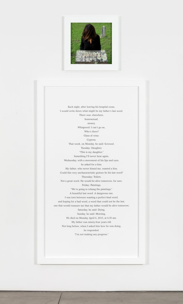 Sophie Calle  Autobiographies (Morning), 2016  digital print with text panel  photograph: 19 7/10 x 19 7/10 in. (50 x 50 cm)  text: 67 x 39 2/5 in. (170 x 100 cm)  framed dims photo: 50 x 50cm, text 170 x 100 cm  Edition 1 of 5 (English), from an edition of 5 + 1AP English and 5 + 1 AP French