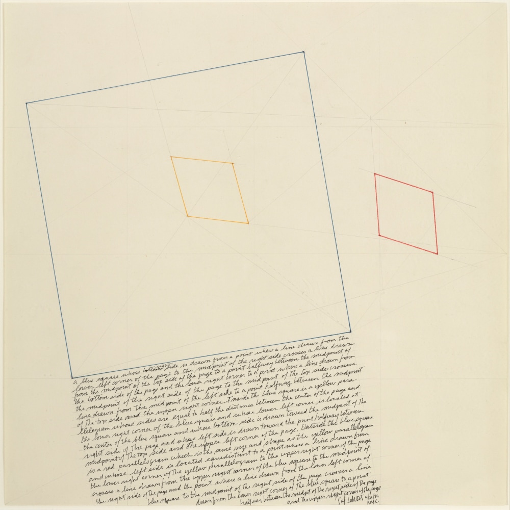 Sol LeWitt
The Location of a Blue Square, a Red Parallelogram, and a Yellow Parallelogram, 1976
graphite and ink on paper
image: 12 1/2 x 12 1/2 in. (31.8 x 31.8 cm)
frame: 19 3/4 x 19 3/4 x 1/12 in.
