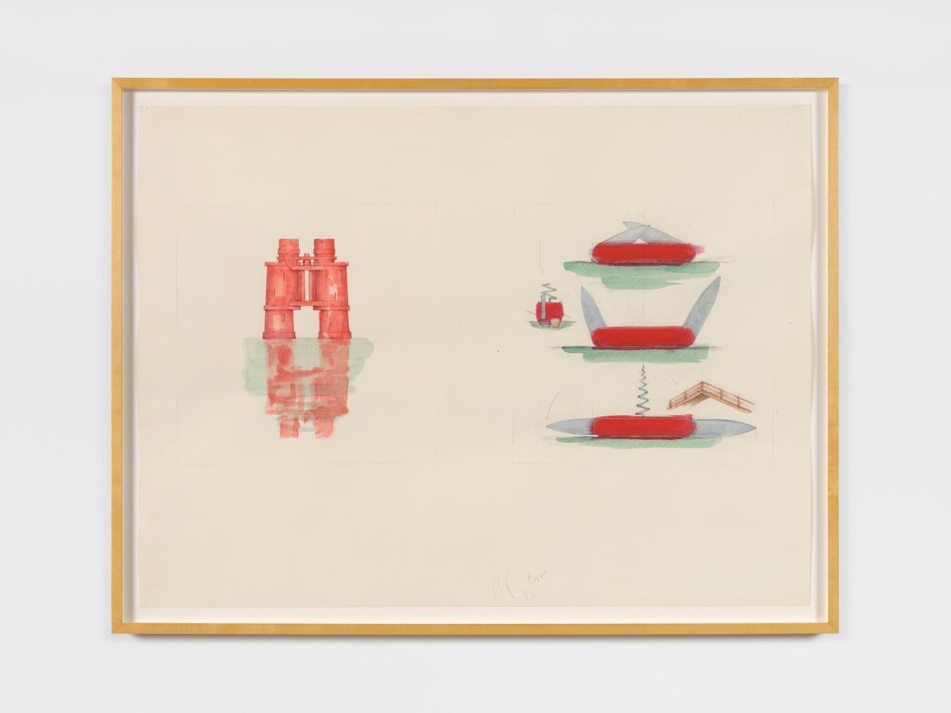 Claes Oldenburg 
Design for a Theater Library for Venice in the Form of Binoculars and Coltello Ship in Three Stages, 1984
pencil, colored pencil, chalk, watercolor
paper: 29 3/4 x 40 in. (75.6 x 101.6 cm)
frame: 32 7/8 x 43 in. (83.5 x 109.2 cm) signed and dated recto: &amp;quot;CO &amp;#39;84&amp;quot;