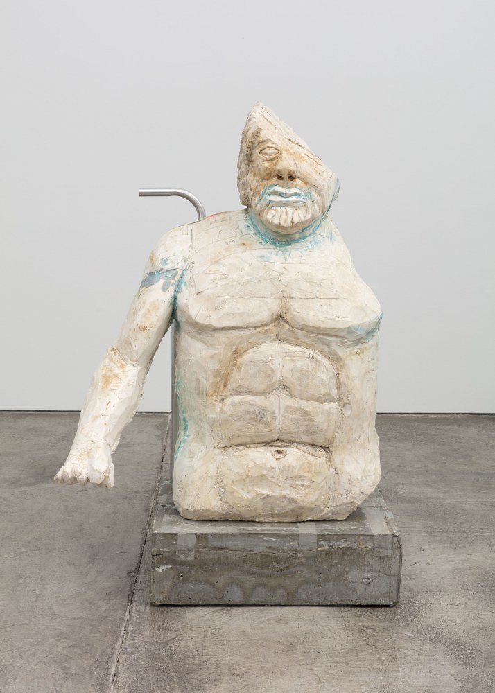 Justin Matherly Untitled (Fear, Anxiety and Joy), 2016 Modified gypsum,spray paint, aluminum powder, airplane ashtray, concrete, ambulatory equipment, figure: 44 x 34 x 20 1.2 in. (111.8 x 86.4 x 511 cm); base: 8 x 26 x 19 in. (20.3 x 66 x 48.3 cm); sculpture: 52 x 60 x 39 1/2 in. (132.1 x 152.4 x 100.3 cm).