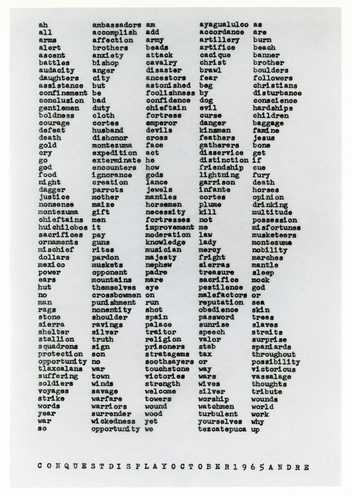 Carl Andre &quot;CONQUESTDISPLAYOCTOBER1965ANDRE&quot; Typed carbon on paper 11&quot; x 7 7/8&quot;