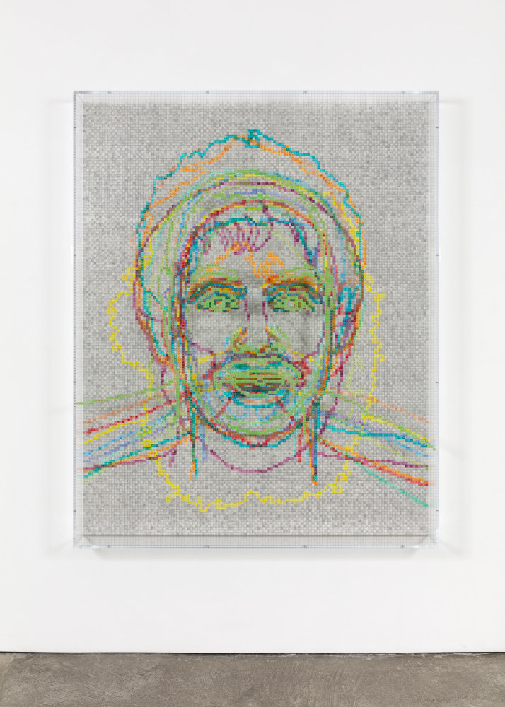 Charles Gaines Faces 1: Identity Politics, #11, Molefi Kete Asante, 2018 acrylic sheet, acrylic paint, lacquer, wood 74 x 59 1/8 x 5 3/4 in. (188 x 150.2 x 14.6 cm)