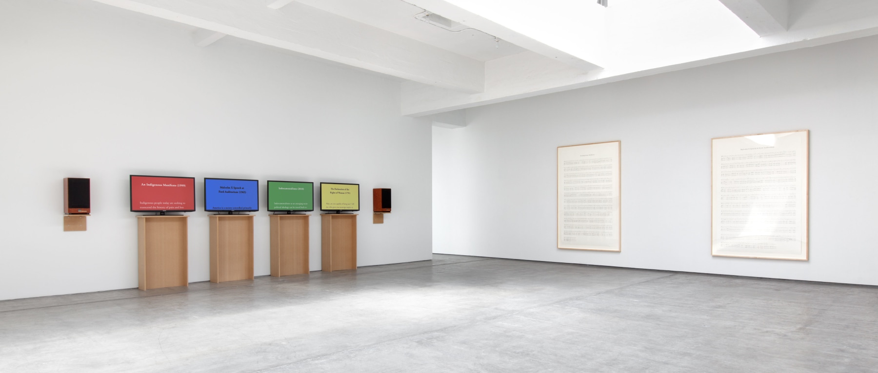 Charles Gaines Manifestos 2, 2013 four channel video installation and four graphite drawings on Rising Barrier Paper drawings dimensions variable