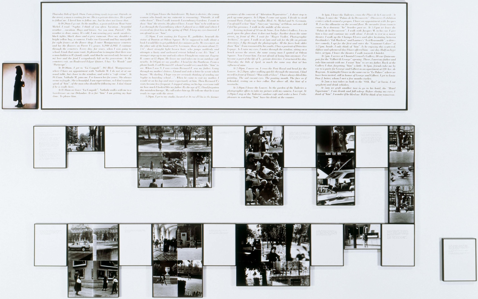 Sophie Calle "The Shadow (Detective)" 1985 9 gelatin silver prints, 1 color photograph 12 panels of text overall dimensions variable