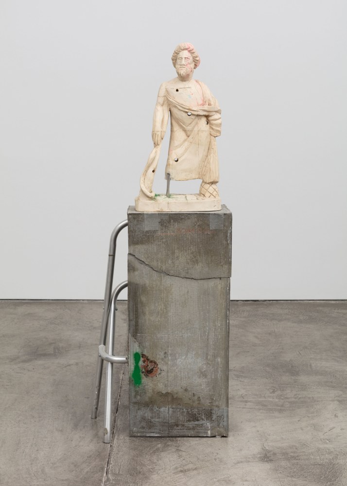 Justin Matherly Untitled (Fear, Anxiety and Joy), (detail), 2016, Modified gypsum, spray paint, acrylic paint, concrete, ambulatory equipment, stainless steel tube, figure: 22 3/4 x 12 x 6 in. (57.8 x 30.5 x 15.2 cm); base: 32 x 20 x 11 1/2 in. (81.3 x 50.8 x 29.2 cm); sculpture: 54 3/4 x 32 x 17 1/2 in. (139.1 x 81.3 x 44.5 cm).