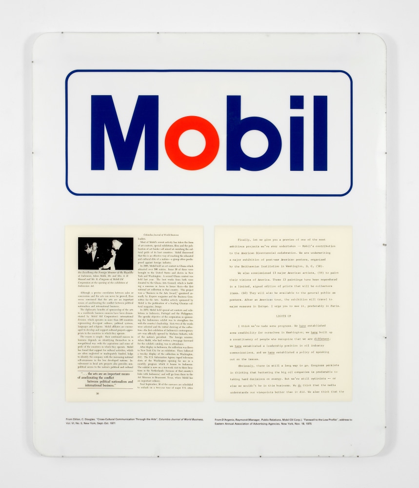 Hans Haacke
Mobilization, 1975
four-color silkscreen on acrylic plastic
single panel: 57 1/2 x 48 in. (146.1 x 121.9 cm)
Edition 1 of 6