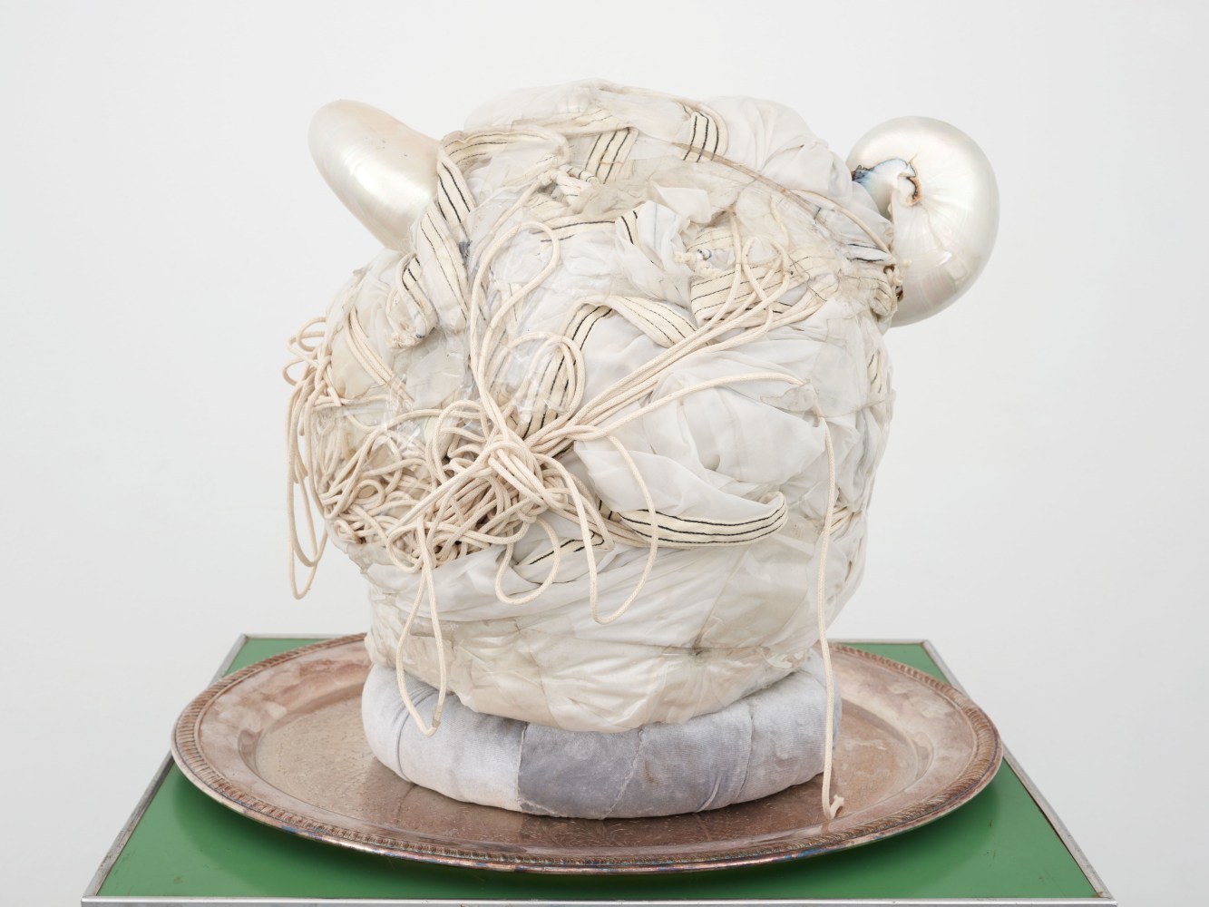 Terry Adkins Prophet, 2010 Nautilus shells, silk parachute, rope, tape, plaster memory jug, silver tray, cabinet, and starfish overall: 58 x 19 x 19 in. (147.3 x 48.3 x 48.3 cm)