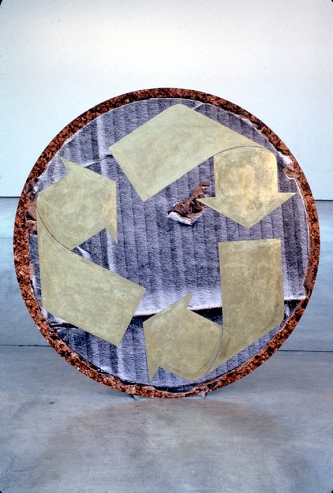 Kelley Walker "Untitled" 2003 Laser cut steel, digital image (scanned cardboard & corkboard), and gold leaf with aluminum stand 57 1/2 in. diameter