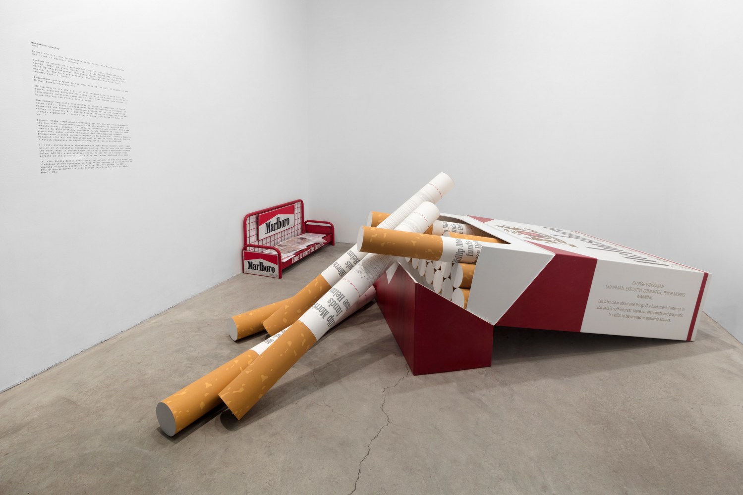 Installation view, Hans Haacke, Helmsboro Country, Paula Cooper Gallery, New York, December 8, 2019 – February 29, 2020. Photo: Steven Probert.