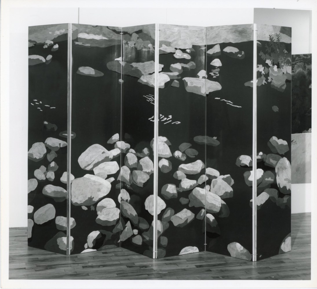 Jennifer Bartlett &quot;Up the Creek&quot; 1981-82 Folding screen, testors enamelon cherry, maple, oak, pine, poplar, walnut 6 panels: 72&quot; x 18 1/4&quot; each, 72&quot; x 109 1/2&quot;