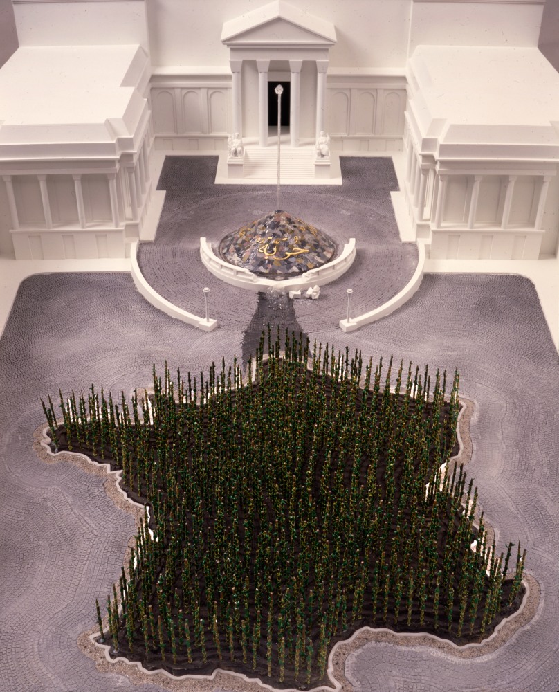 Hans Haacke
Calligraphie, 1989/2011
2 color photographs, 1 black & white photograph, text panel, architectural model
color photo: 59 x 44 in. (149.9 x 111.8 cm)
color photo: 22 1/8 x 17 3/4 in. (56.2 x 45.1 cm)
B&W photo: 22 x 26 1/2 in. (55.9 x 67.3 cm)
text: 16 3/4 x 34 in. (42.5 x 86.4 cm)
Model: 16 1/2 x 58 1/2 x 38 1/2 in. (41.9 x 148.5 x 97.7 cm)