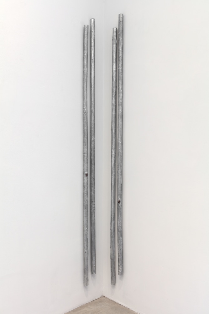 Andrei Koschmieder Untitled (Pipes 6), Untitled (Pipes 7), 2017 cardboard, aluminum paint, clay, metal, photo paper, inkjet dye, resin 93 x 5 x 2 in. (236.2 x 12.7 x 5.1 cm) each