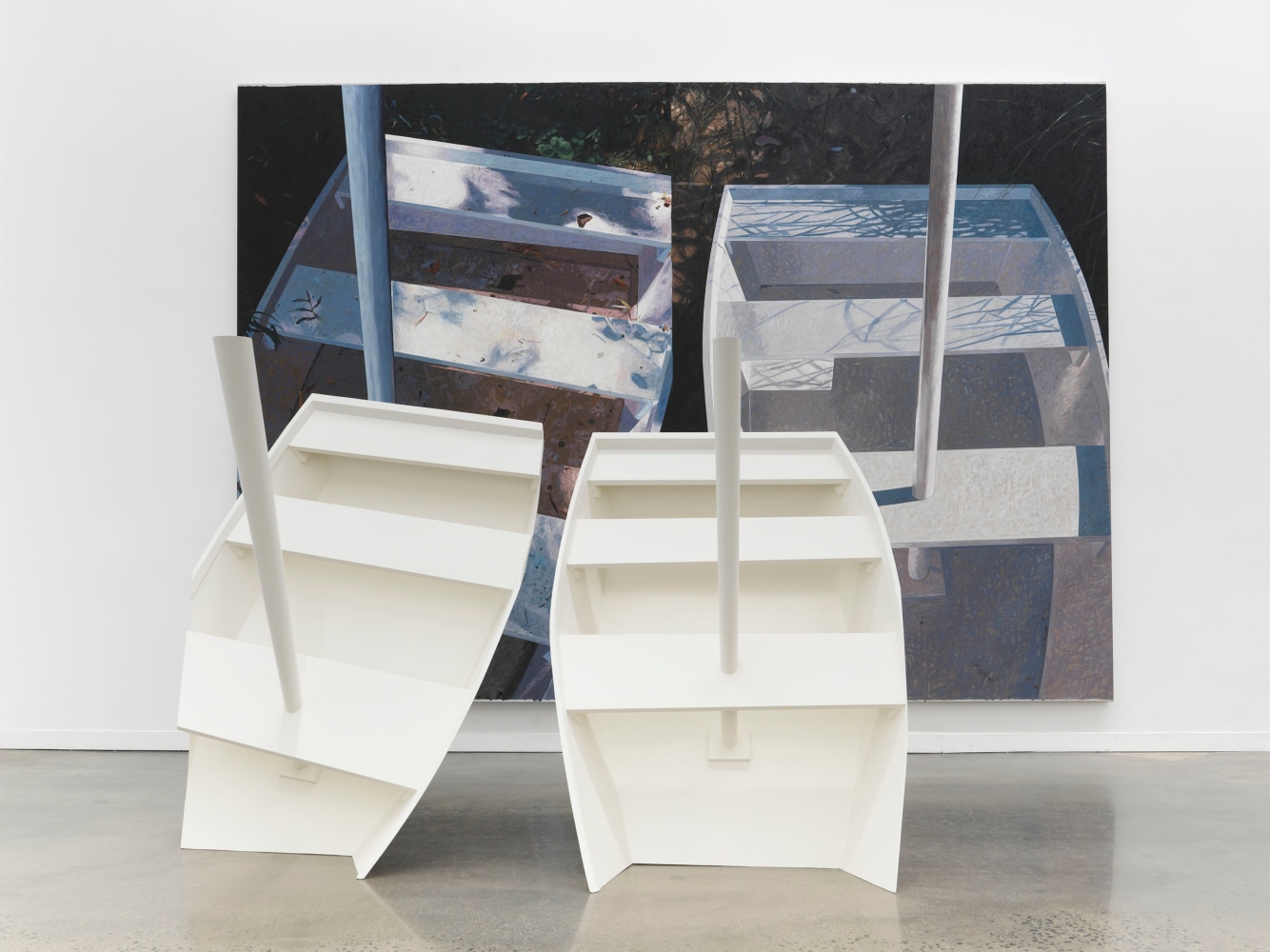 Jennifer Bartlett "Boats" 1987 Sculpture: Painted wood, steel support, pine masts Painting: Oil on canvas Painting: 9'10" x 14' Sculpture: 66 1/2" x 47 1/2" x 46"