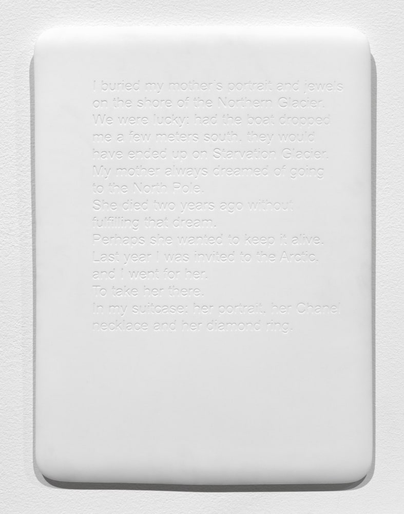 Sophie Calle
North Pole / Pôle nord, 2009
1 Duratrans light box, 3 sandblasted porcelain plaques, video, screen, 7 framed color photographs
7 ft. 3 in. x 16 ft. 3 in. (2 m 21 cm x 4 m 95.3 cm) to 7 ft. 3 in. x  26 ft. 3 in. (2 m 21 cm x 8 m) overall, depending on installation
light box: 49 1/4 x 65  x 3 1/2 in. (125 x 165 x 9 cm)
5 framed photographs: 11 13/16 x 15 3/4 in. (30 x 40 cm)
2 framed photographs: 23 5/8 x 31 1/2 in. (60 x 80 cm)
Monitor Samsung 22" 5000 series
Edition 2 of 5 (English)
Edition of 5 English + 1 AP, Edition of 5 French + 1 AP
