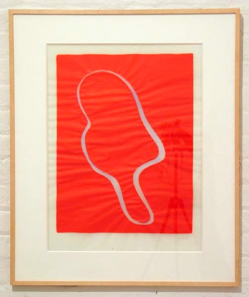 Donald Judd "Untitled" 1961-78 Woodcut in cadmium red and blue watercolor on the reverse on Frostlite velium paper 29 1/8" x 21 5/8"