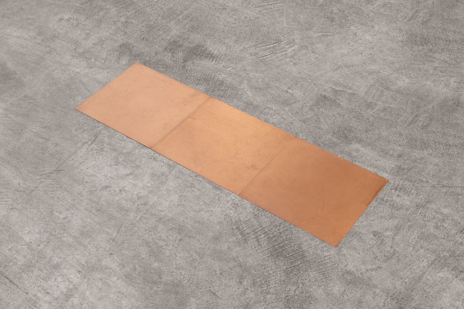 Carl Andre 3 Copper Row, New York 1976 copper, 3-unit rectangle (1 x 3), on floor each: 1/32 x 11 1/2 x 12 in. (.1 x 29.2 x 30.5 cm) overall: 1/32 x 34 1/2 x 12 in. (.1 x 87.6 x 30.5 cm)