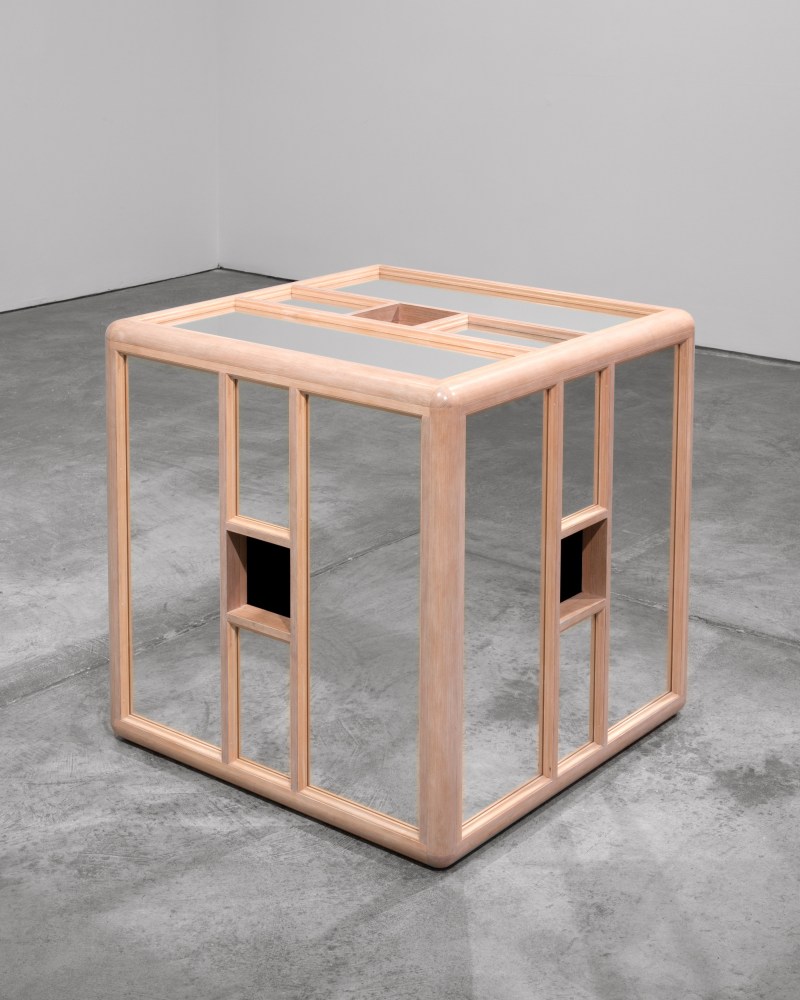 Jackie Winsor Pink and Blue Piece, 1985 mirror, wood, paint, cheesecloth 31 x 31 x 31 inches (78.7 x 78.7 x 78.7 cm)