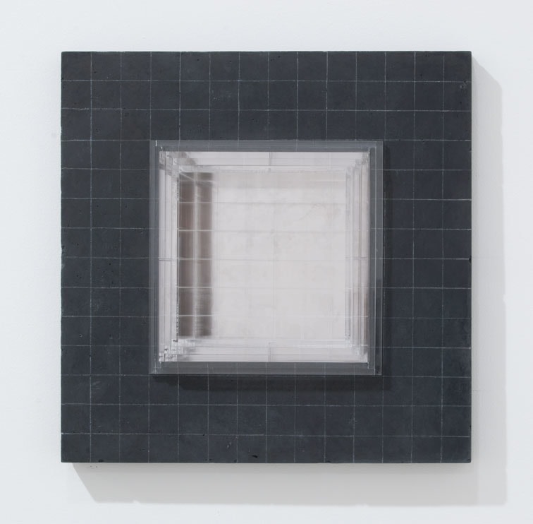 Jackie Winsor "Inset Wall Piece (1" luminescent painted grid)" 2000  Black concrete & plexi 14 X 14 X 5 in. (35.56 X 35.56 X 12.7 cm) inset in wall 4" deep