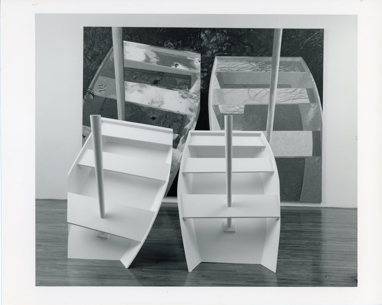 Jennifer Bartlett &quot;Boats&quot; 1987 Sculpture: Painted wood, steel support, pine masts Painting: Oil on canvas Painting: 9'10&quot; x 14' Sculpture: 66 1/2&quot; x 47 1/2&quot; x 46&quot;